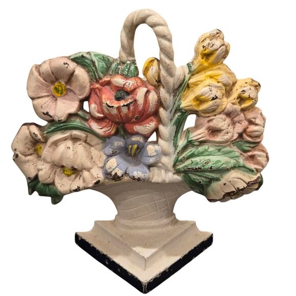 Antique Hubley Cast Iron Floral Basket Doorstop - Picture 1 of 5